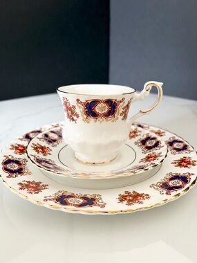 3 Piece SET: Salad Plate, Cup & Saucer - Gold and Blue Scroll Pattern by Rosina
